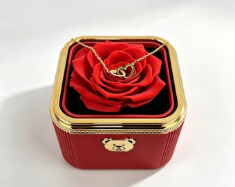 Eternal Rose Box with Personalized Heart Necklace, Real Preserved Rose Gift, Anniversary Gift for Wife, Wedding Gift for Her