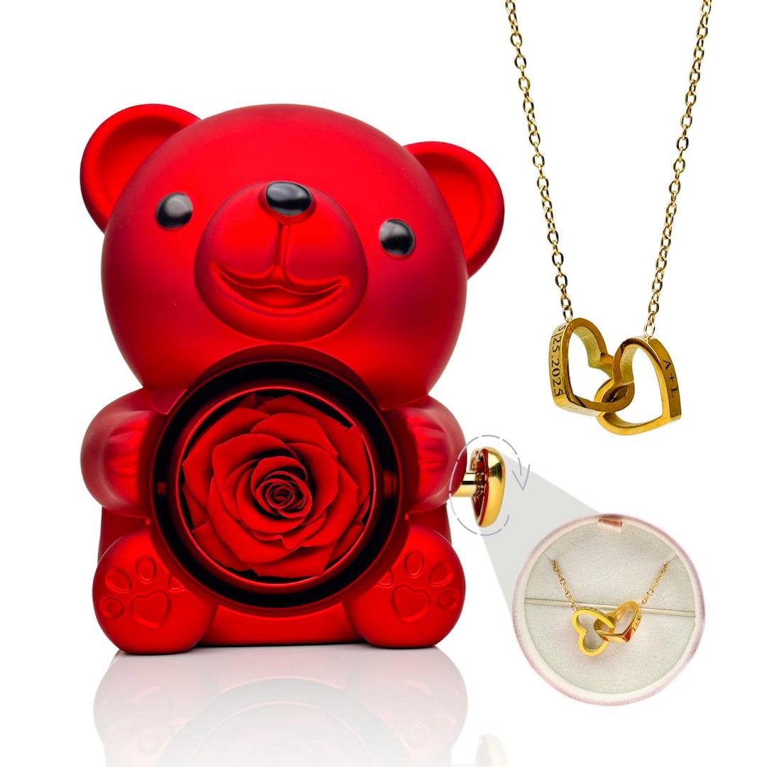 Eternal Rose Teddy Bear Gift Box With Personalized Heart Necklace, Real ...