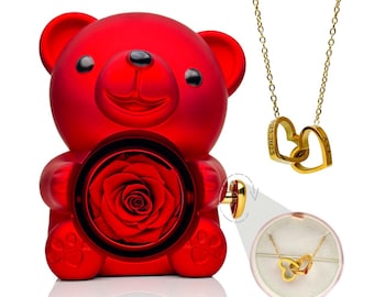 Cofanetto regalo con orsetto di peluche Eternal Rose e collana con nome a cuore personalizzato, gioiello con nome personalizzato, regalo per lei, San Valentino, regalo per la mamma
