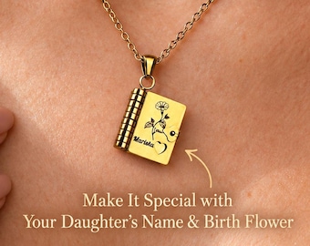 My Incredible Daughter Book Necklace, Personalized Name & Birth Flower Locket, Inspirational Mini Book Pendant, Gift for Daughter