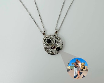 Sun Moon Personalized Projection Photo Necklace, Couple Necklace, Custom Pendant, Memorial Gift, Valentine&#39;s Day Gift