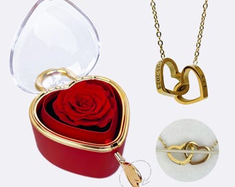Preserved Rose Box with Personalized Heart Necklace, Custom Name Necklace, Anniversary Gift for Wife, Gift for Her
