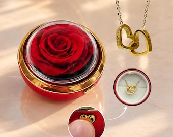 Eternal Rose Box with Personalized Engraved Heart Necklace, Real Preserved Rose, Girlfriend, Wife Gift, Anniversary Gift, Christmas Gift