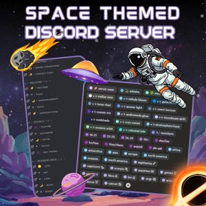 May include: A graphic illustration of a Discord server layout with a space theme. The server has categories for support, welcome, rules, announcements, roles, introductions, socials, members area, art, food, music, and books. The server also has categories for server owner, admins, moderators, and members. The server has a space theme with planets, stars, and a black hole.