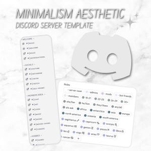 Peut inclure: Un modèle de serveur Discord esthétique minimaliste en niveaux de gris. L'image présente le logo Discord, une mise en page en forme de téléphone avec des catégories de serveur et une section rôles.