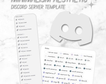 May include: A minimalist aesthetic Discord server template design in grayscale. The image features a Discord logo, a phone-shaped layout with server categories, and a roles section with options like server owner, admins, and members.