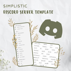 Puede incluir: Plantilla de servidor de Discord digital con un logotipo de Discord verde y dos pantallas de teléfono simuladas. Las pantallas muestran categorías de servidor e información de miembros. El texto "SIMPLISTIC DISCORD SERVER TEMPLATE" está en la parte superior.