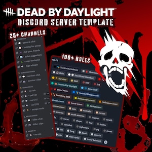 Könnte beinhalten: Eine Discord-Server-Vorlage für das beliebte Online-Spiel Dead by Daylight. Die Vorlage bietet über 25 Kanäle und über 100 Rollen mit einer Schädelgrafik im Hintergrund. Die Kanäle sind nach Spielrolle geordnet, darunter allgemeiner Chat, Suche nach Gruppe, Töte deine Freunde, Bauvorschläge, Kartenstrategien, Nebelgeflüster, Überlebenden-Zuflucht, Überlebenden-Chat, Überlebenden-Clips, Überlebenden-VC, Killer-Hütte, Killer-Chat, Killer-Clips und Killer-VC. Die Rollen umfassen The Entity (Admin), Bots, Survivor, SWF, Sacrificed (Member), KYF, 2v8, Haunted by Daylight, Bone Chill, Blood Moon, Twisted Masquerade, Anniversary event, Halloween event, Scorching BBQ, Winter event, Lunar event, Spring event, Summer event, Asia, Australia, Europe, South America, North America, Trapper, Wraith, Nurse, Shape, Hag, Doctor, Cannibal, Nightmare, Pig, Clown, Bill, Feng, David, Quentin, Ash, Ellen Ripley, Trevor, and Belmont.