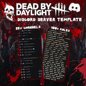 Könnte beinhalten: Werbebild für eine Dead by Daylight Discord Server Vorlage. Das Design zeigt einen Totenkopf, Blutspritzer und den Text "Dead by Daylight Discord Server Vorlage". Es hebt 25+ Kanäle und 100+ Rollen hervor.