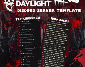 Puede incluir: Imagen promocional para una plantilla de servidor de Discord de Dead by Daylight. El diseño presenta una calavera, salpicaduras de sangre y el texto "Dead by Daylight Discord Server Template". Destaca 25+ canales y 100+ roles.
