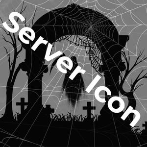 May include: A black and white illustration of a spooky graveyard scene with a ghost standing in an archway covered in a spider web.