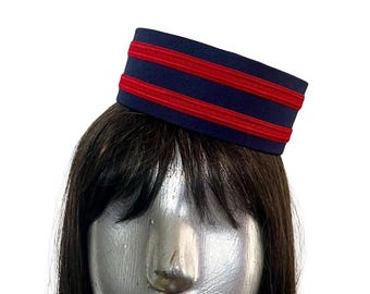 Navy Pillbox Hat Cigarette Girl Costume -  w/ Red, Black, Gold or Silver trim