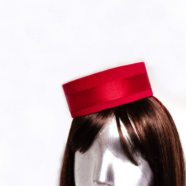 Pillbox Hat in Red -  Classic Cigarette Girl or Usher or Bellhop with your choice of trim