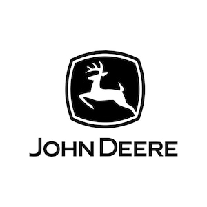 May include: Black and white logo of a leaping deer inside a black square with rounded corners. The text "JOHN DEERE" is below the logo.