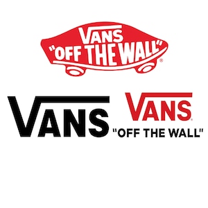 Pode incluir: Um logotipo Vans vermelho e branco com o texto "OFF THE WALL" em um contorno branco. Abaixo do logotipo, há um logotipo Vans preto e branco com o texto "OFF THE WALL" em vermelho.