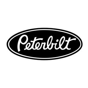 May include: Black and white logo of Peterbilt, a truck manufacturer, with the company name in a white cursive font inside a black oval.