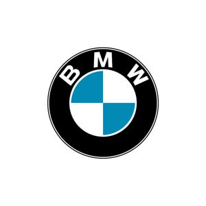 May include: Black and white logo with the letters BMW in a circle. The center of the circle has a blue and white checkered pattern.