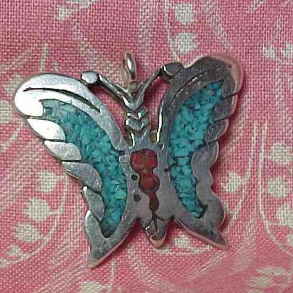 Vintage Native American Unmarked Sterling ,Crushed Turquoise and Coral Butterfly Pendant