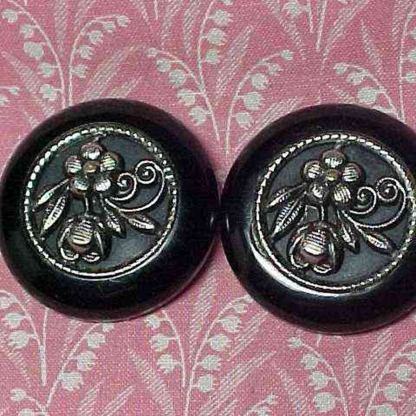 2 Vintage Black Bakelite Buttons Silver tone Floral Insert 1 3/8 inch Diameter