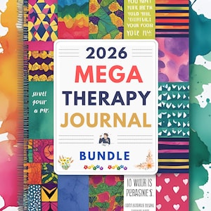 May include: A colourful, spiral-bound journal with a patchwork design. The cover reads "2026 MEGA THERAPY JOURNAL BUNDLE". The journal has a white background with watercolour paint splatters in the background.