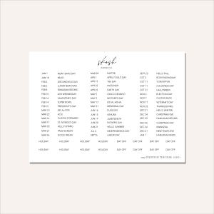 May include: A white rectangular sheet featuring the Skosh Paper Co logo at the top, followed by a list of 2027 calendar events and holidays organised in three columns, with additional rows of labels reading HOLIDAY and DAY OFF at the bottom.