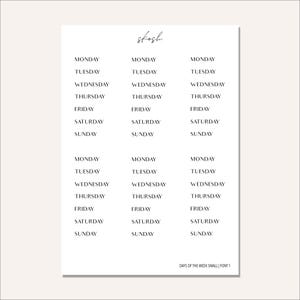 Op de afbeelding: Een wit papier met het woord "skosh" in cursief bovenaan. Het papier is gevuld met de dagen van de week, meerdere keren herhaald in een eenvoudig, schreefloos lettertype. De tekst "DAYS OF THE WEEK SMALL | FONT 1" staat onderaan.