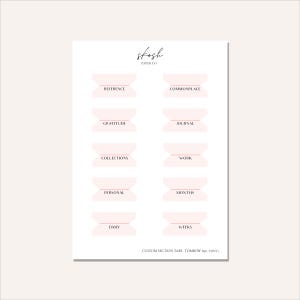 May include: A white sheet of paper featuring ten pale pink adhesive section tabs arranged in two columns. The tabs are labeled with black text: REFERENCE, COMMONPLACE, GRATITUDE, JOURNAL, COLLECTIONS, WORK, PERSONAL, MONTHS, DAILY, and WEEKS. The top displays the text skosh PAPER CO and the bottom reads CUSTOM SECTION TABS - TOMBOW 830 - FONT 1.