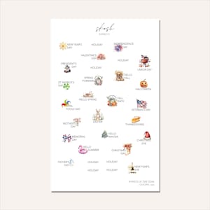 May include: A white sheet featuring watercolor illustrations for US holidays and events, including New Year's Day, Valentine's Day, St. Patrick's Day, Easter, and Christmas. The text Skosh Paper Co. appears at the top, with Events of the Year US Icons 2023 at the bottom.
