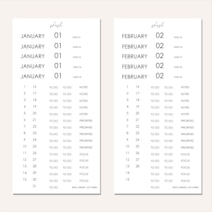 May include: Two minimalist planner pages with the months January and February. Each page has a header with the month and day, followed by a list of dates, to-do sections, and space for notes, priorities, and focus.