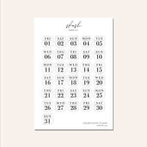 May include: A white calendar print featuring the text skosh PAPER CO at the top and STACKED DATES CLASSIC JANUARY 2027 at the bottom. The design displays thirty-one individual rounded squares, each containing a day of the week and a date number.