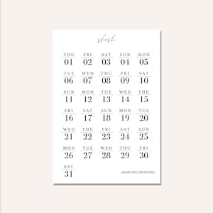 Puede incluir: Impresión de calendario blanco minimalista para enero de 2026, con fechas apiladas y la palabra "skosh" en la parte superior. Los días de la semana y las fechas se muestran en una fuente limpia y moderna.