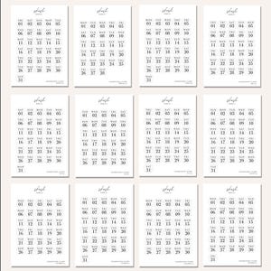 May include: A set of twelve white calendar pages with black text, each featuring the Skosh Paper Co. logo at the top. Each page displays a grid of thirty-one days with rounded corners, showing the day of the week and the date in a clear font.
