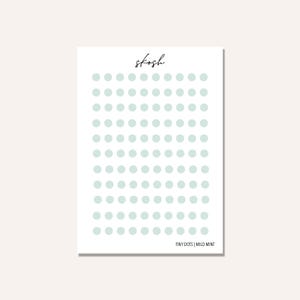 May include: A sheet of stickers with a grid of small, light blue dots. The sheet is labelled "skosh" and "TINY DOTS | MILD MINT".