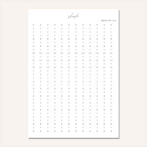May include: A white paper with a grid of numbers and dots, designed for time management. The numbers 6 through 12 are repeated, with a dot next to each number. The word "skosh" is at the top, along with "TIMELINE | FONT 1 | 5mm".