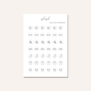 May include: A sheet of white stickers with black fitness icons. The icons include a heart with a drop of sweat, a dumbbell, a running shoe, a bicycle, a bicep, a scale, and a person with a measuring tape.
