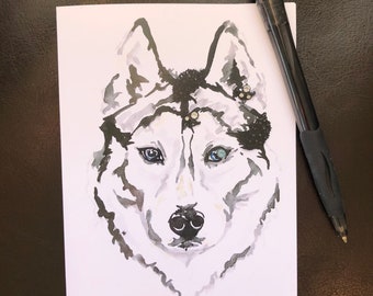 Black & White Husky Wolf Single Blank Greeting Card