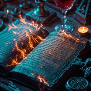Op de afbeelding: Een open, oud boek met brandende pagina's, een brandende rode kaars in een messing houder en een glas rode wijn. De scène speelt zich af op een houten tafel met andere mystieke voorwerpen.