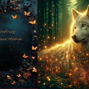 May include: Digital art featuring a mystical wolf with glowing fur and golden sparkles in a forest setting. The image also includes a dark, circular frame with butterflies and the text "FireFoxFairy The Dark Mother."