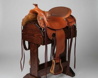 Wooden Saddle Stand Mahogany Finish | English Western Saddle Rack | Handmade Tack Room Furniture