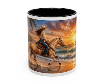 Cowgirl on Horse at Sunset Coffee Mug | Beach Sunset Ocean Scene