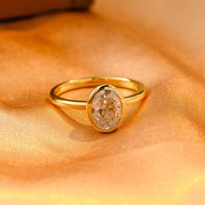 Solid Gold Bezel Oval Cut Moissanite Engagement Ring, Solitaire Oval Cut Wedding Ring, Anniversary Ring for Women, Moissanite Gifts