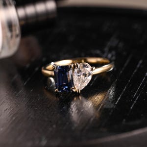 Toi et Moi Moissanite Engagement Ring, Lab Grown Sapphire Two Stone Ring, Pear Toi et Moi Wedding Ring, Unique Promise Ring, Gemstone Ring