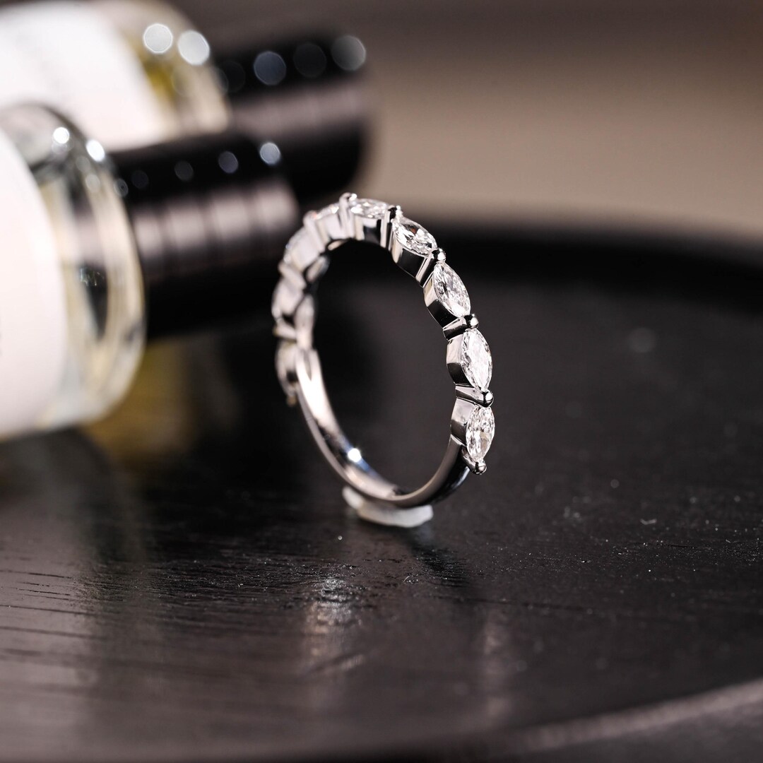 Solid Gold Marquise Moissanite Wedding Band, Half Eternity Ring - Etsy
