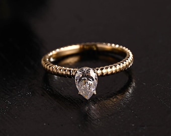 Solid Gold Pear Cut Moissanite Engagement Ring, Twisted Band Solitaire Pear Moissanite Wedding Ring