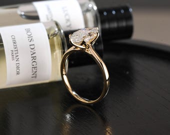 Tulip Set Marquise Cut Moissanite Engagement Ring, Solid Gold Solitaire Cathedral Ring, Affordable Ring