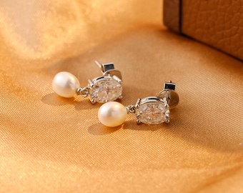 Pearl Oval Cut Moissanite Earring Studs, Solid Gold Moissanite Earrings, Wedding Engagement Accessories, Anniversary Gifts for Women Wife