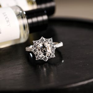Solid Gold Half Eternity Asscher Cut Moissanite Engagement Ring, Proposal Ring, Promise Ring, Wedding Ring, Anniversary Gift for Women Wife