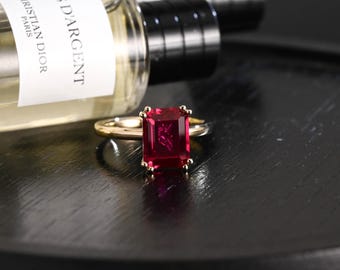 Solid Gold Solitaire Double Prongs Emerald Cut Lab Ruby Engagement Ring, Birthstone Ring for July