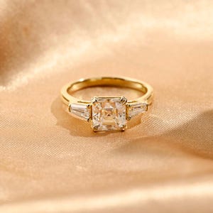 8 Prongs Asscher Moissanite Engagement Ring, Solid Gold Three Stone Asscher Cut Wedding Ring, Low Setting Square Cut Moissanite Ring