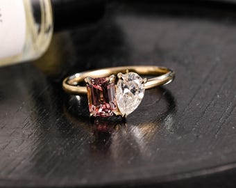 Solid Gold Toi et Moi Emerald Cut Pink Sapphire & Pear Cut Moissanite Engagement Ring